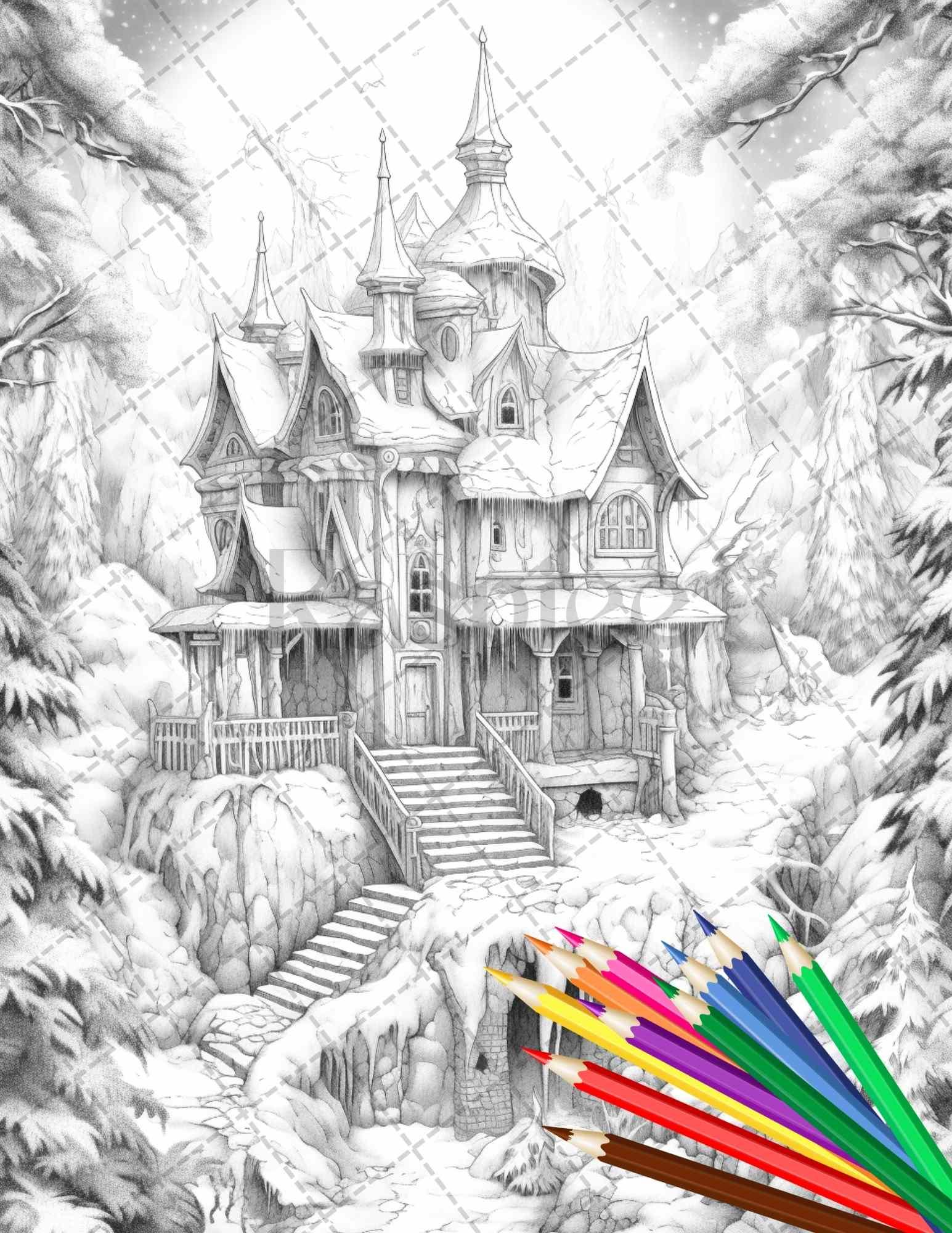 63 Winter Fairy Houses Grayscale Coloring Pages Printable for Adults, PDF File Instant Download