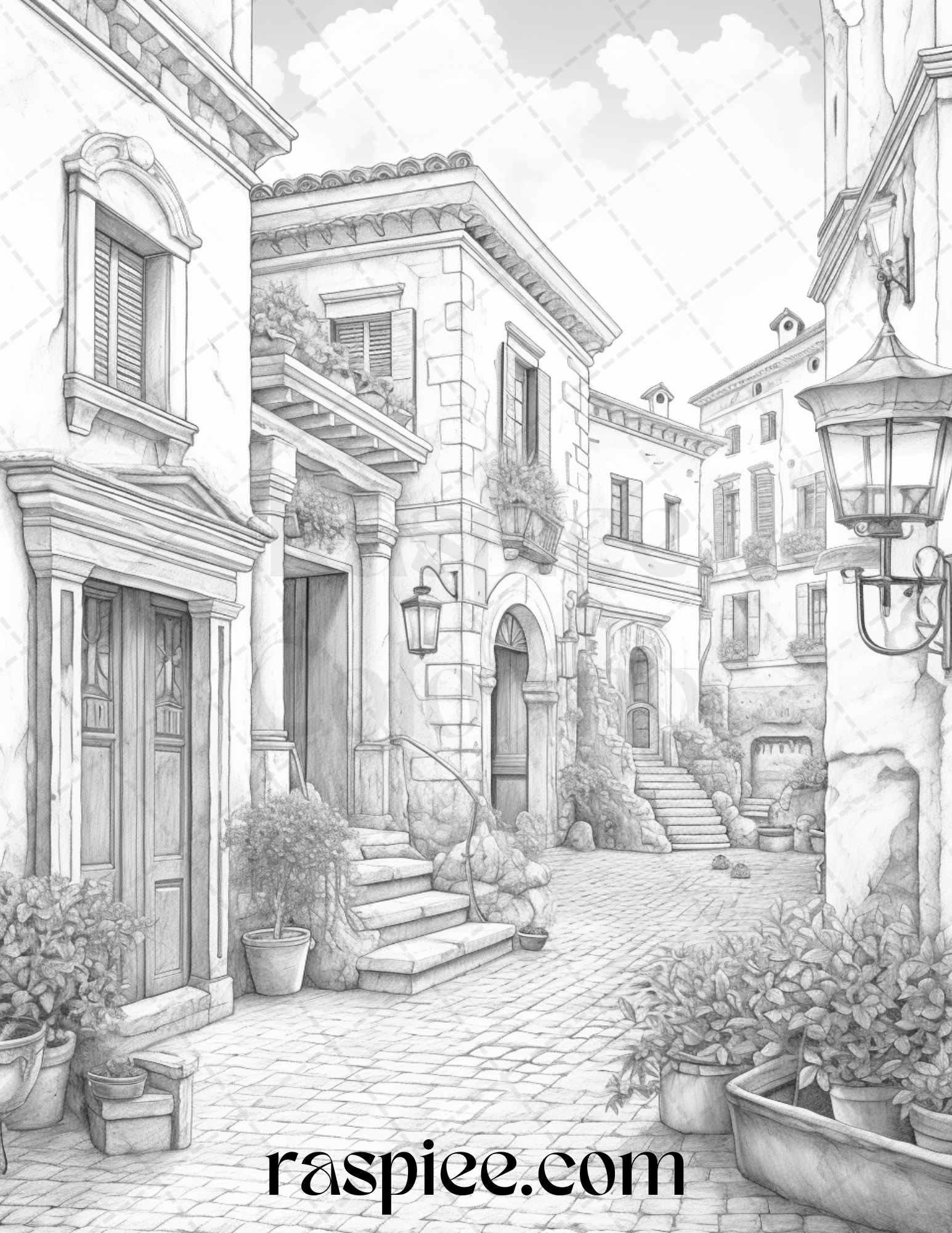 Roman Architecture Grayscale Coloring Pages Printable for Adults, PDF File Instant Download