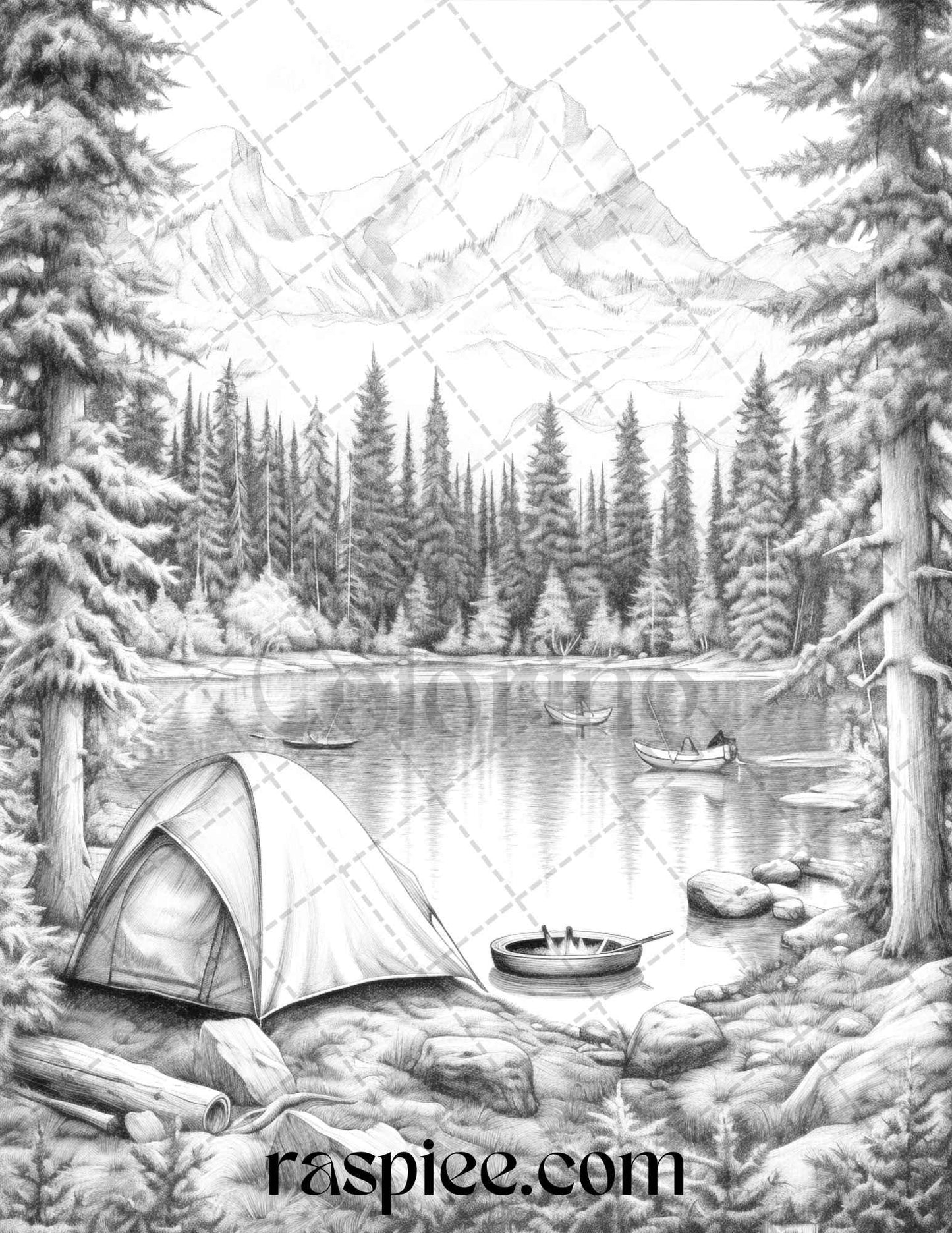 Nature Camping Grayscale Coloring Pages Printable, Relaxing Outdoor Scenes, PDF File Instant Download