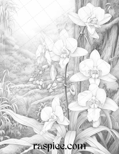 60 Mountain Flower Landscapes Grayscale Coloring Pages Printable for Adults, PDF File Instant Download