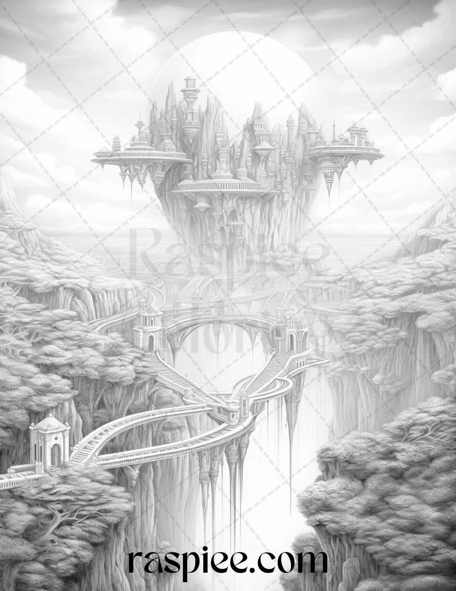 Mystical World Grayscale Coloring Pages Printable for Adults, Enchanting Fantasy Designs, PDF File Instant Download