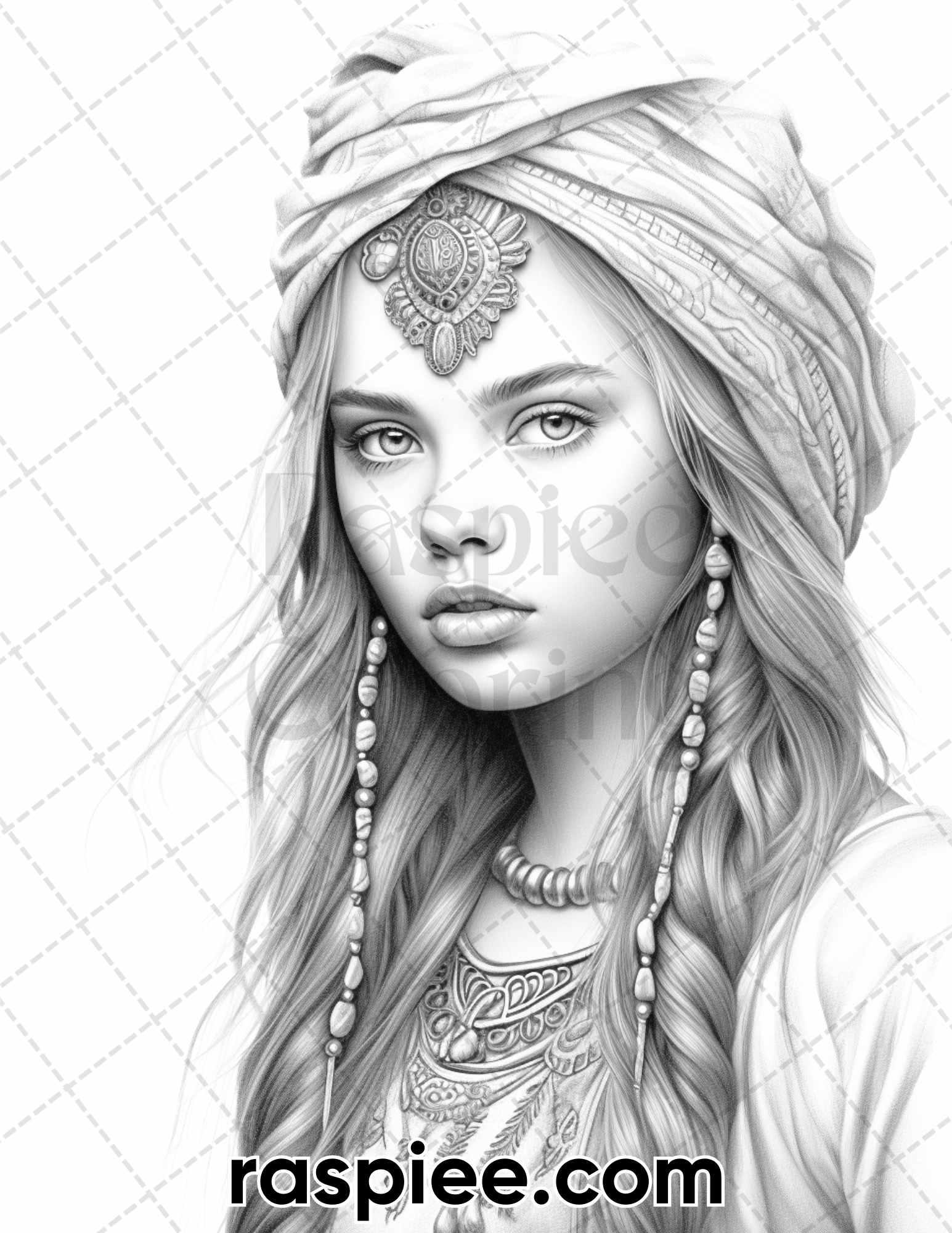 60 Bohemian Beauties Grayscale Coloring Pages for Adults, Printable PDF Instant Download