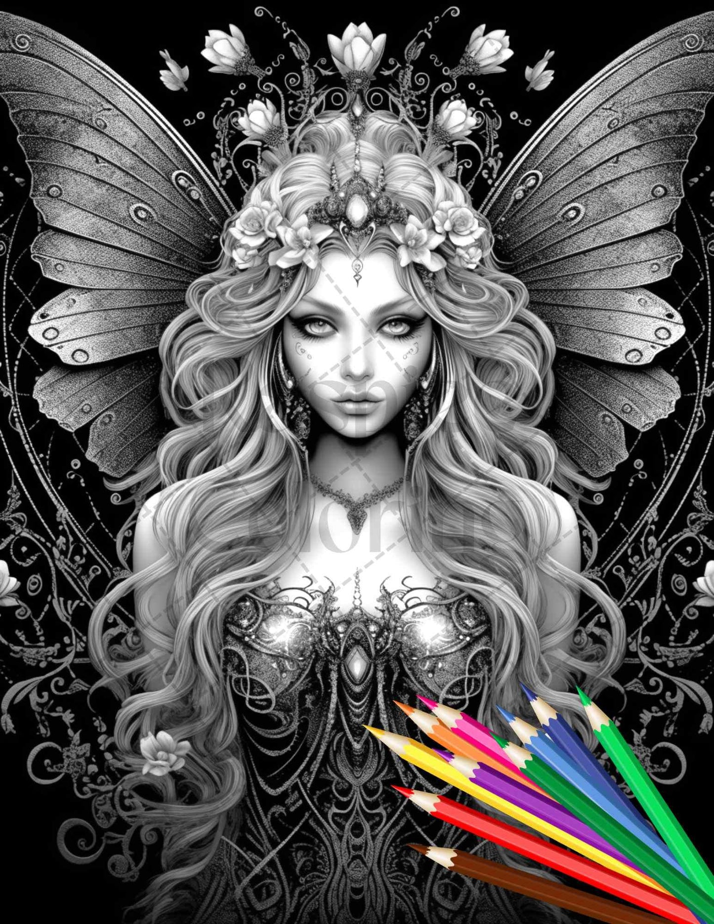 Beautiful Dark Fairy Grayscale Coloring Pages Printable for Adults, PDF File Instant Download