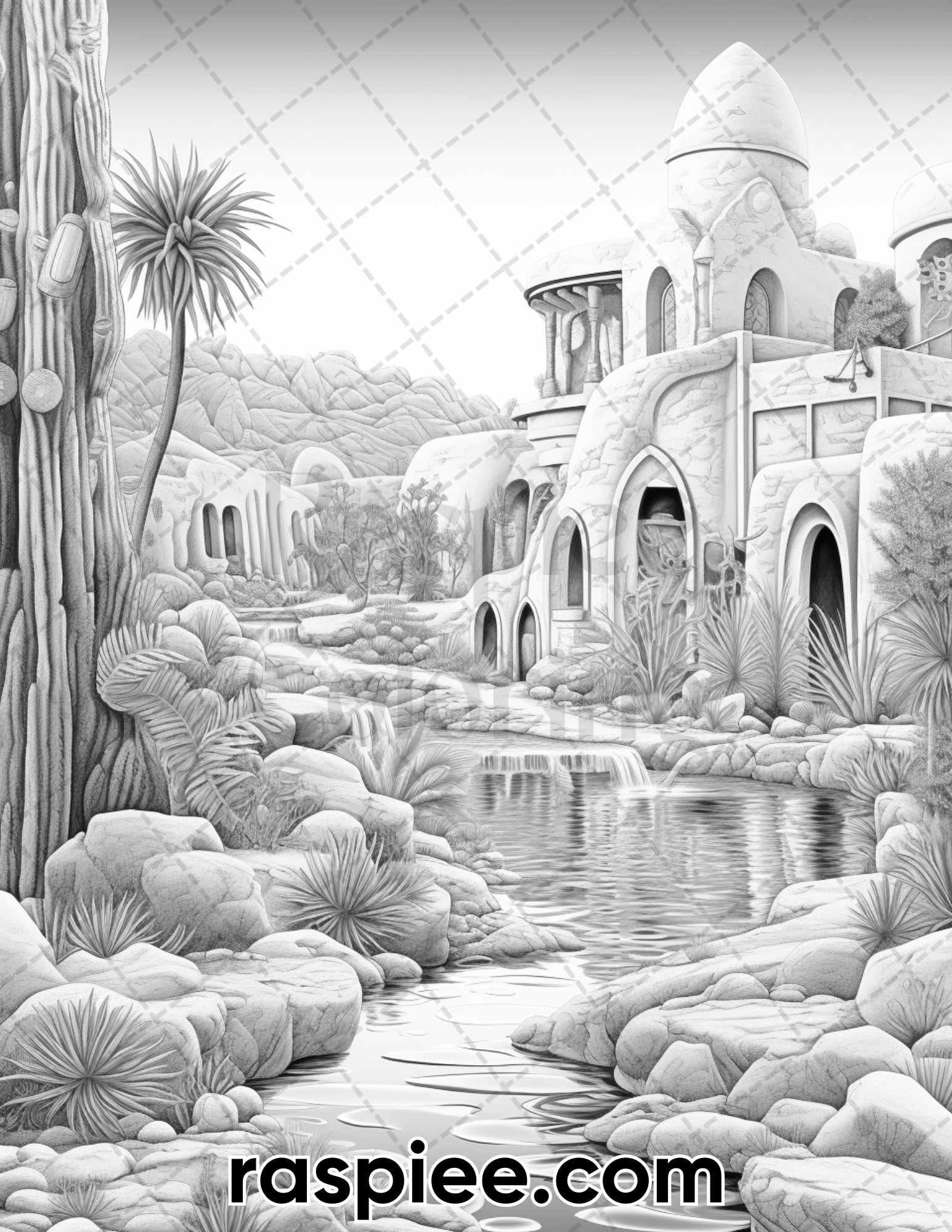 55 Desert Oasis Fairy Homes Grayscale Coloring Pages for Adults, Printable PDF Instant Download