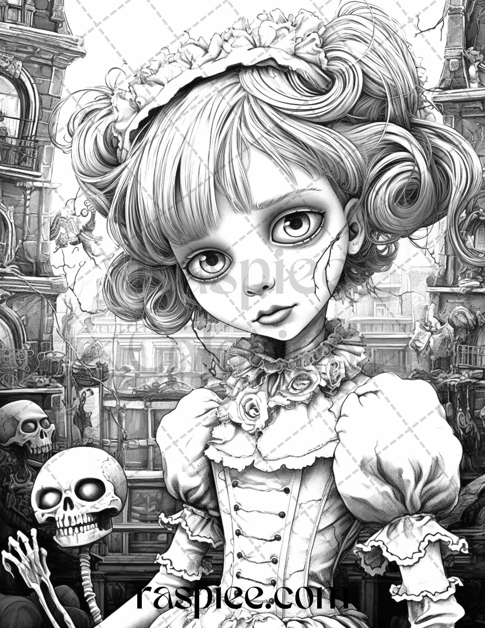 50 Scary Victorian Dolls Grayscale Coloring Pages Printable for Adults, PDF File Instant Download