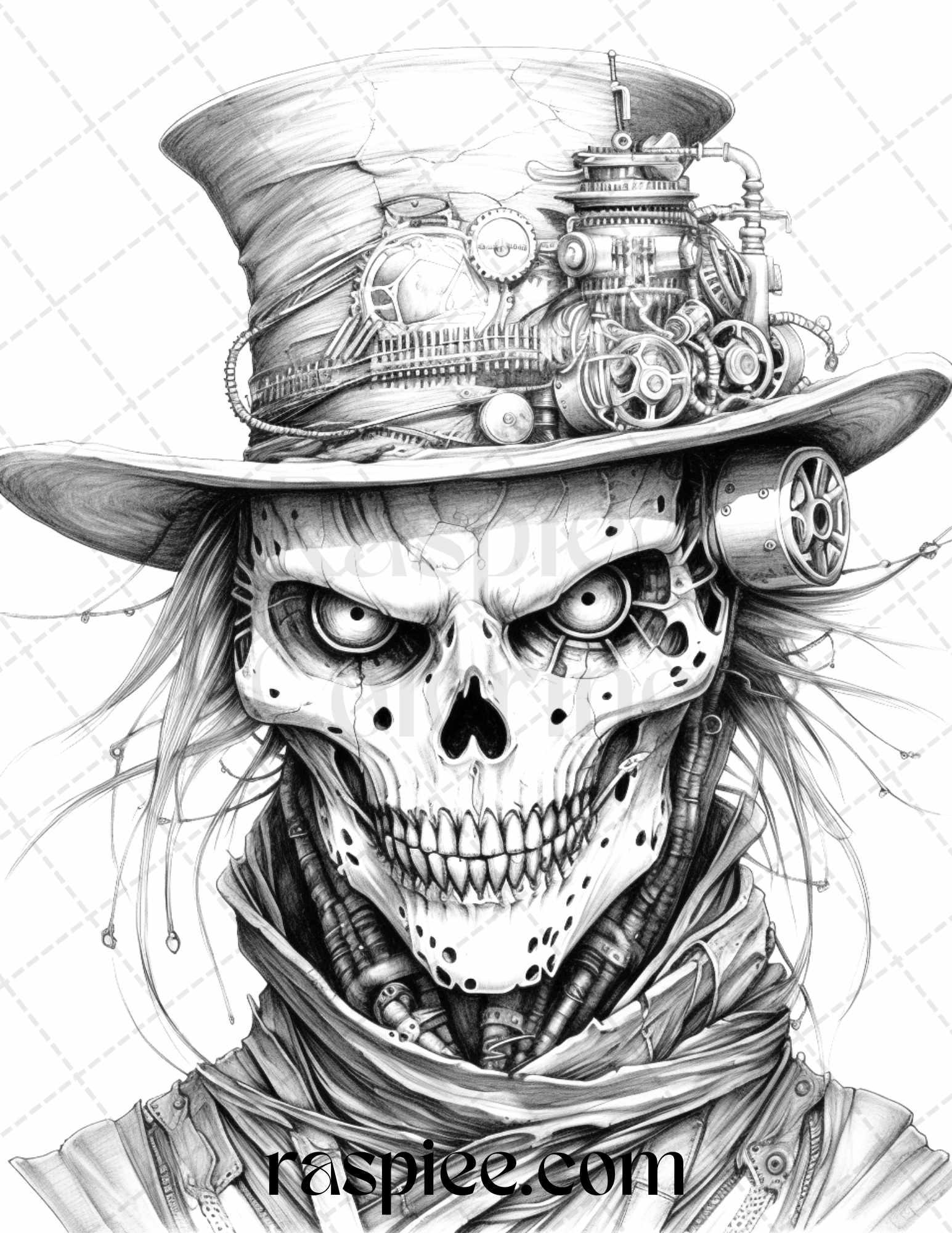 53 Scary Steampunk Scarecrows Grayscale Coloring Pages Printable for Adults, PDF File Instant Download