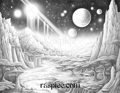 55 Celestial Landscapes Grayscale Coloring Pages Printable for Adults, PDF File Instant Download