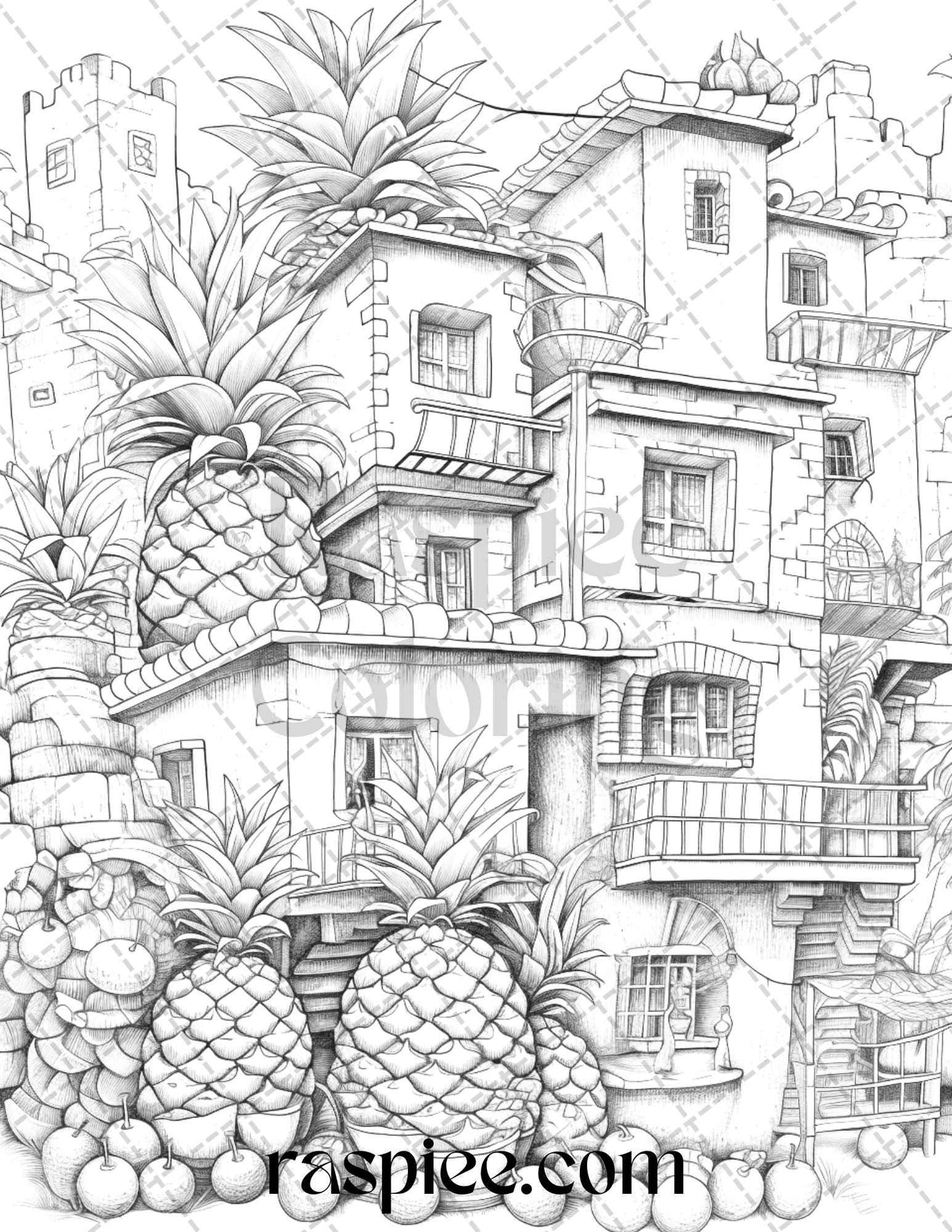 50 Pineapple Houses Grayscale Coloring Pages Printable for Adults, PDF File Instant Download