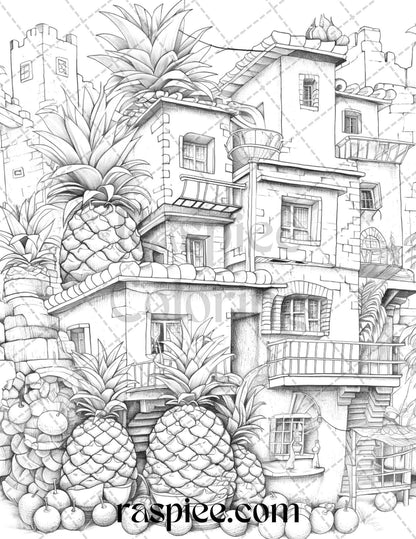 50 Pineapple Houses Grayscale Coloring Pages Printable for Adults, PDF File Instant Download