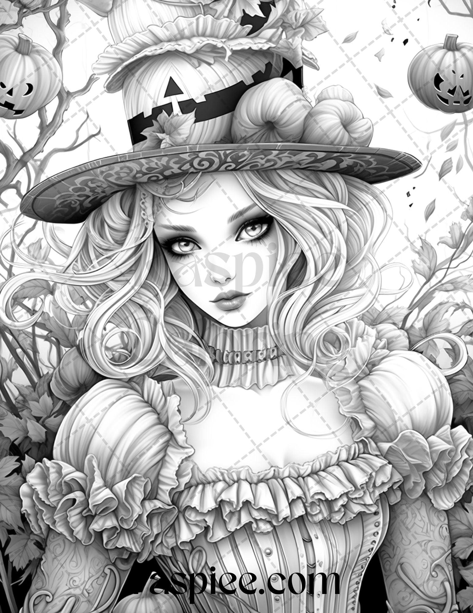55 Halloween Girls Grayscale Coloring Pages Printable for Adults, PDF File Instant Download