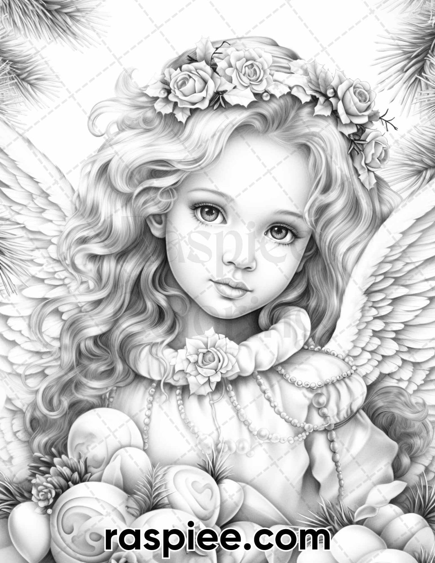55 Christmas Angel Grayscale Coloring Pages for Adults, Printable PDF Instant Download