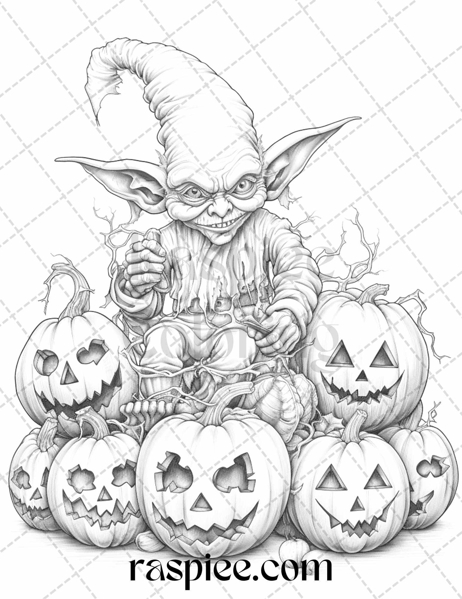 50 Halloween Goblin Grayscale Coloring Pages Printable for Adults, PDF File Instant Download