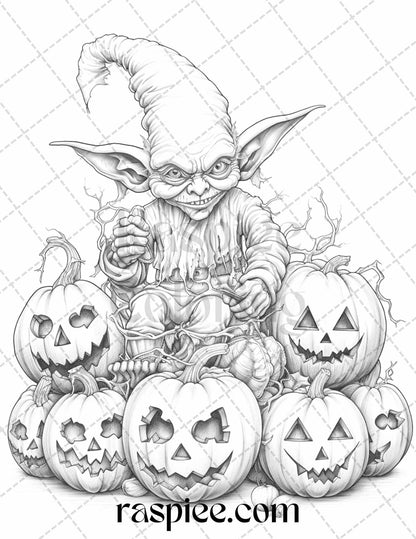 50 Halloween Goblin Grayscale Coloring Pages Printable for Adults, PDF File Instant Download