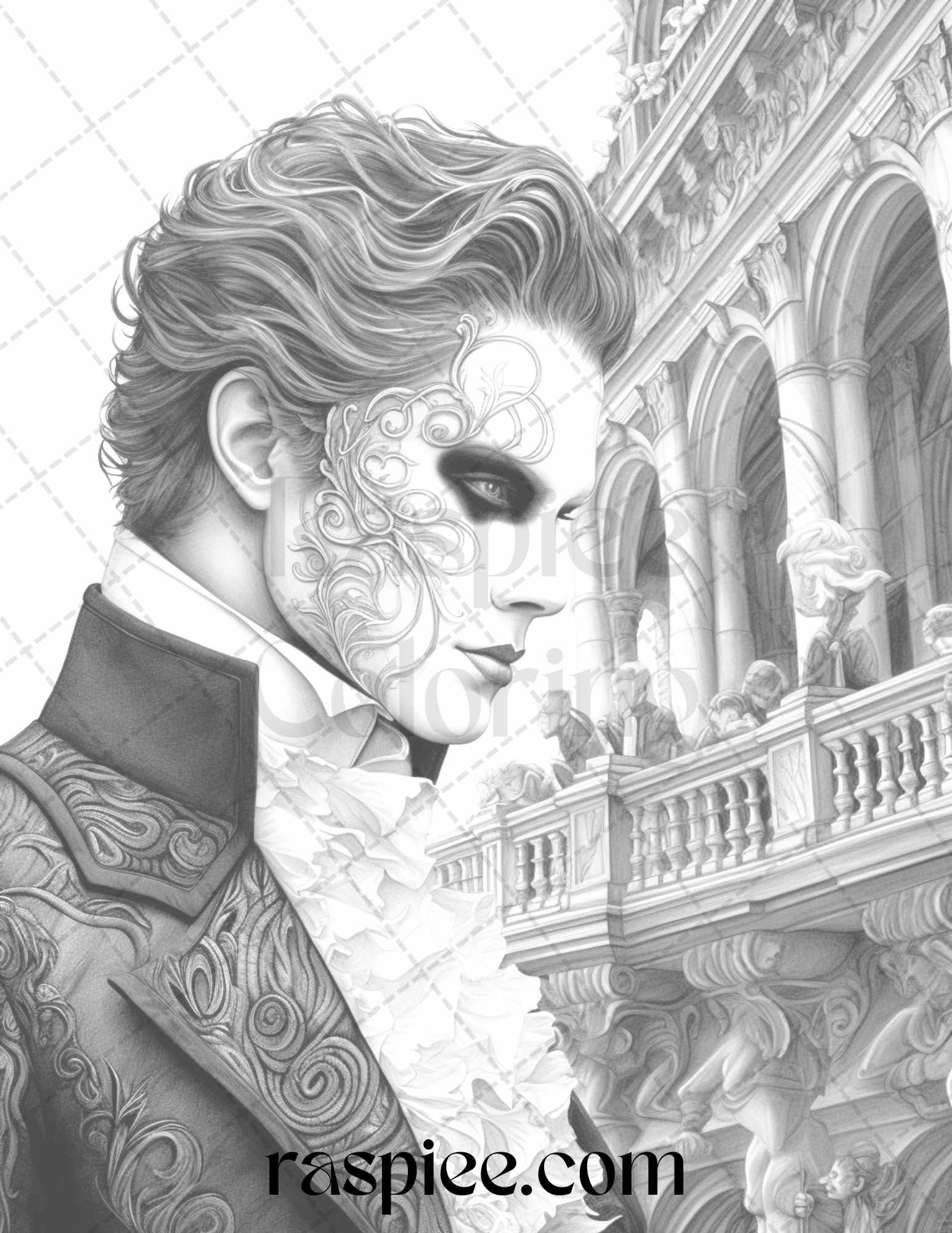 Phantom of the Opera Grayscale Coloring Pages Printable for Adults, PDF File Instant Download