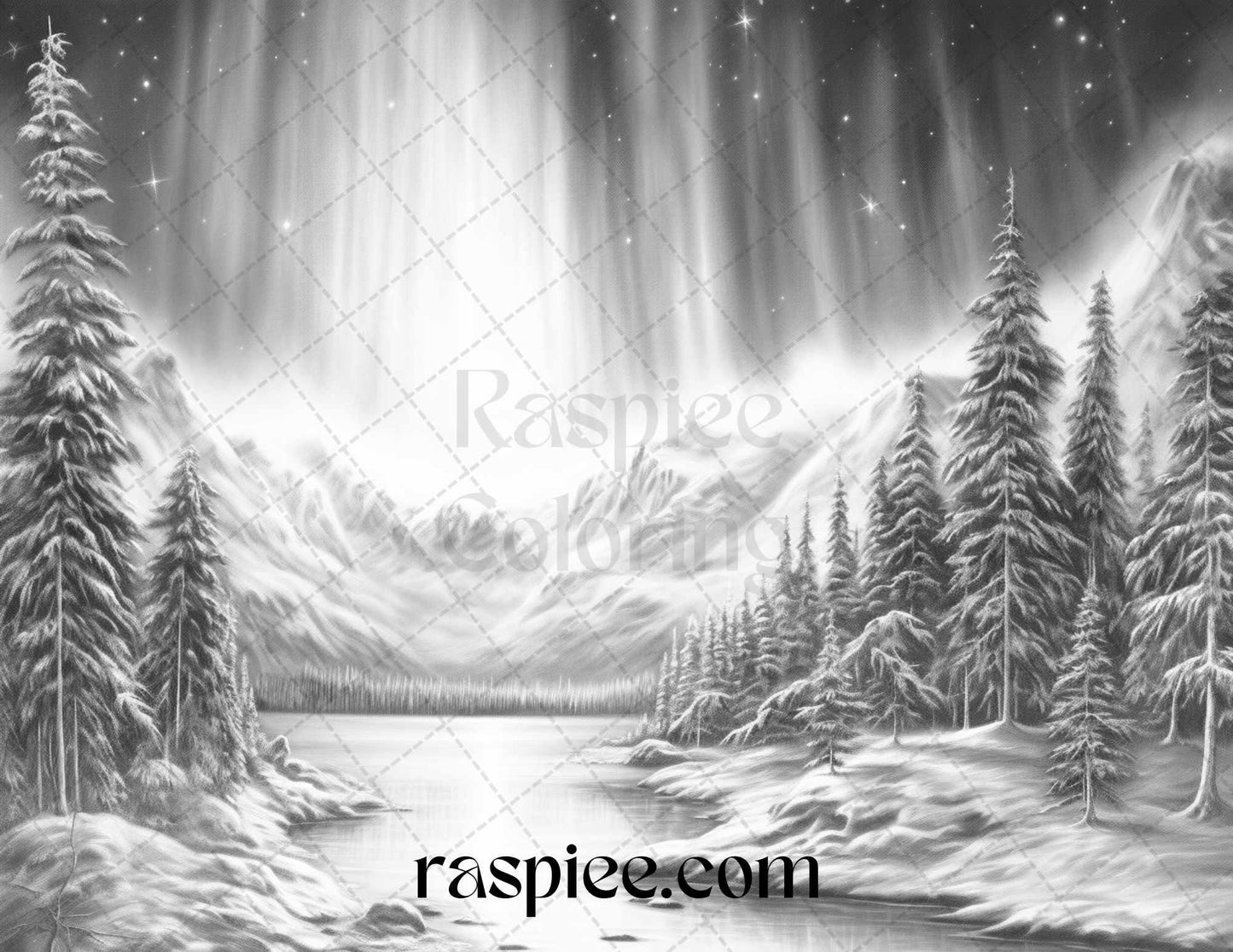 Aurora Borealis Landscape Grayscale Coloring Pages for Adults, Printable PDF File Instant Download