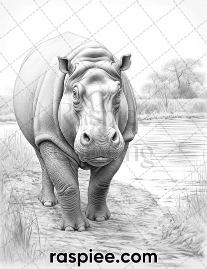 55 Wild Animals Grayscale Coloring Pages for Adults, Printable PDF Instant Download