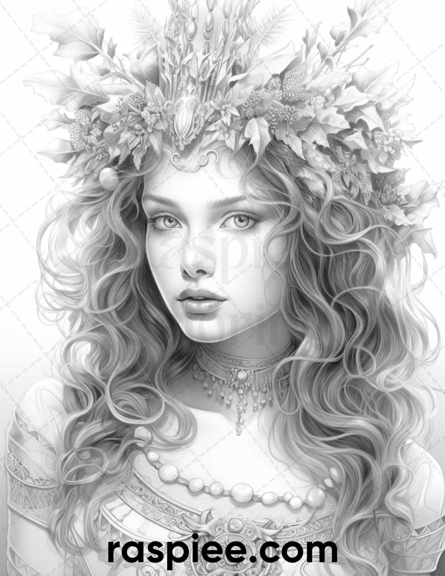 50 Winter Queens Portrait Grayscale Coloring Pages Printable for Adults, PDF File Instant Download