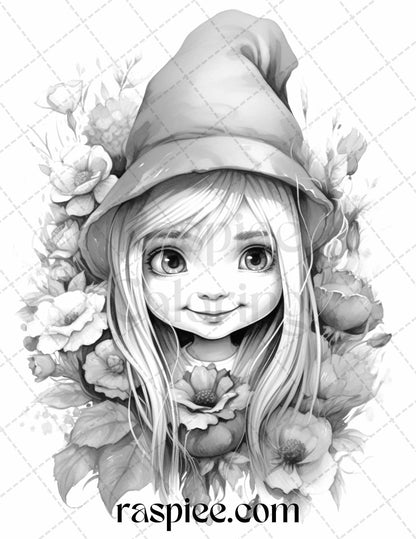 50 Flower Gnomes Grayscale Coloring Pages Printable for Adults Kids, PDF File Instant Download