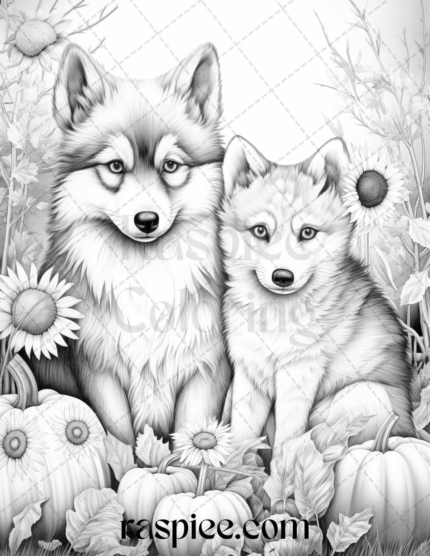 Autumn Animals Grayscale Coloring Pages for Adults and Kids, Printable PDF File Instant Download