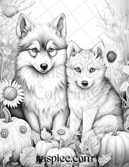 Autumn Animals Grayscale Coloring Pages for Adults and Kids, Printable PDF File Instant Download