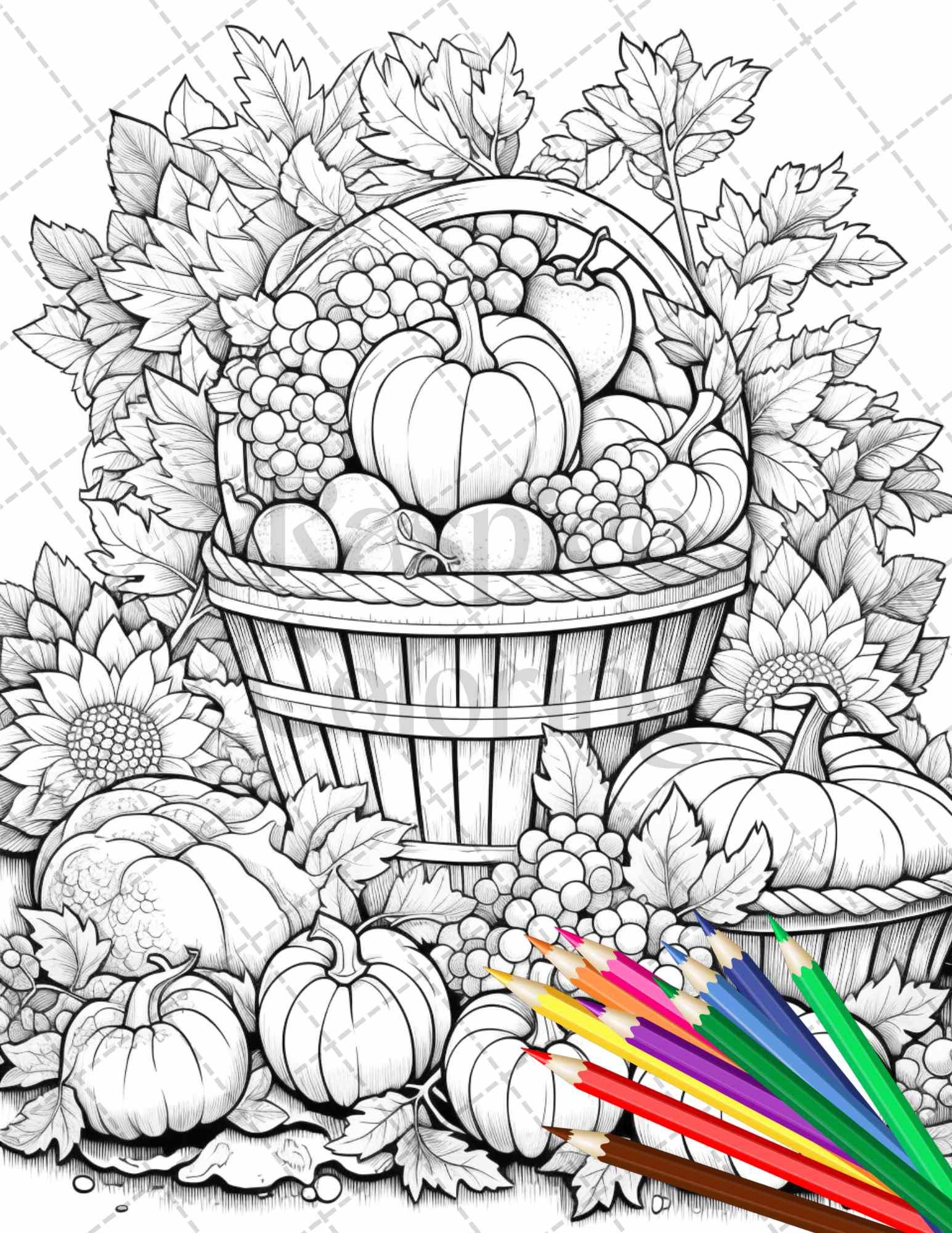 Autumn Harvest Grayscale Coloring Pages Printable for Adults, Relaxing Fall Themed Art, PDF File Instant Download