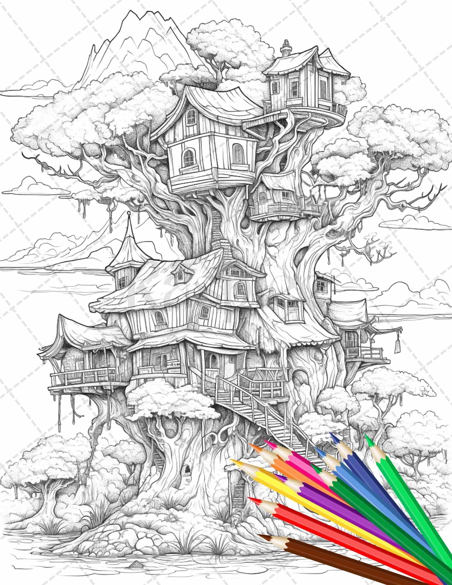 110 Enchanted Treehouse Coloring Book Printable for Adults, Grayscale Coloring Page, PDF File Instant Download