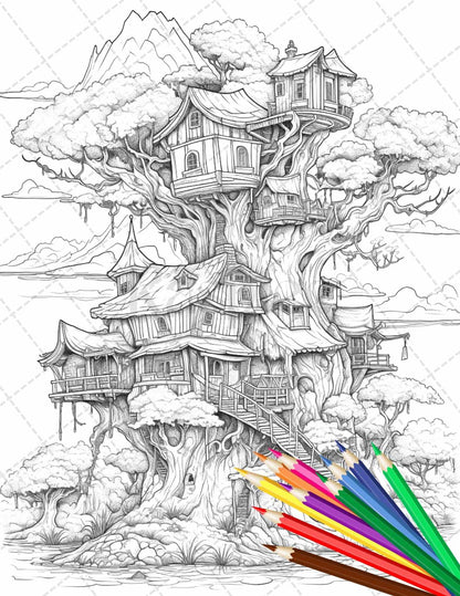 110 Enchanted Treehouse Coloring Book Printable for Adults, Grayscale Coloring Page, PDF File Instant Download