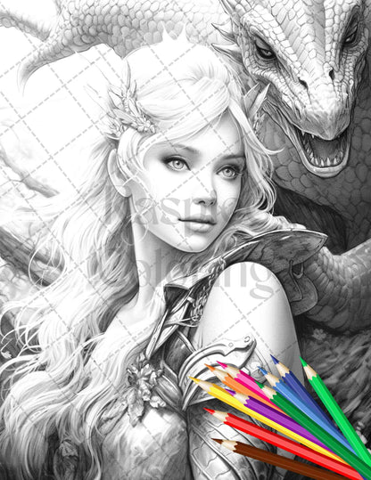 Enchanted Dragon Queens Grayscale Coloring Pages Printable for Adults, PDF File Instant Download