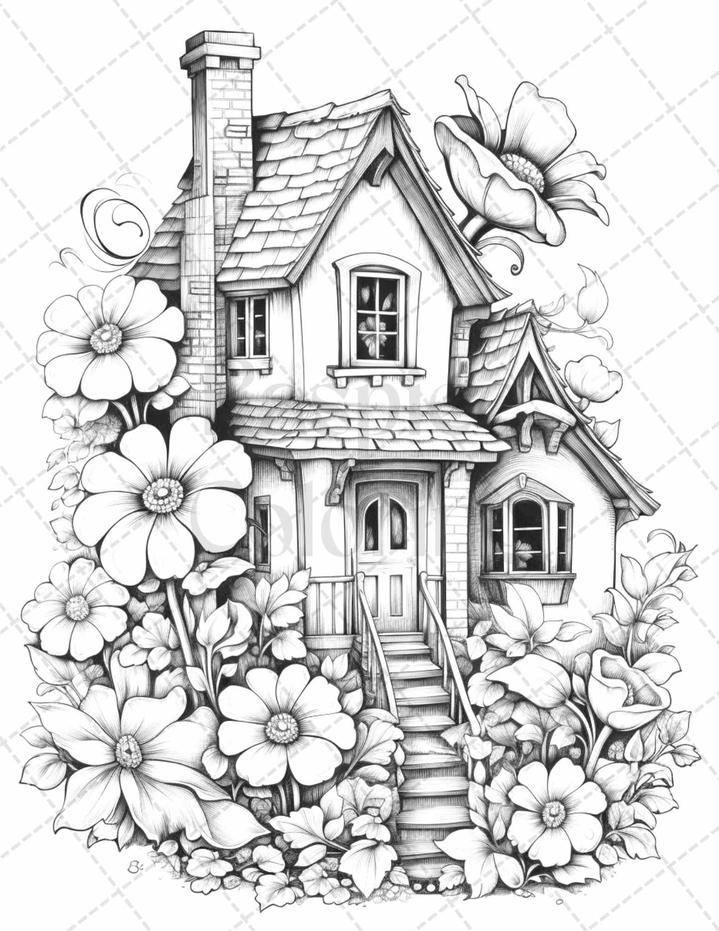 60 Flower Houses Grayscale Coloring Pages Printable for Adults, PDF File Instant Download
