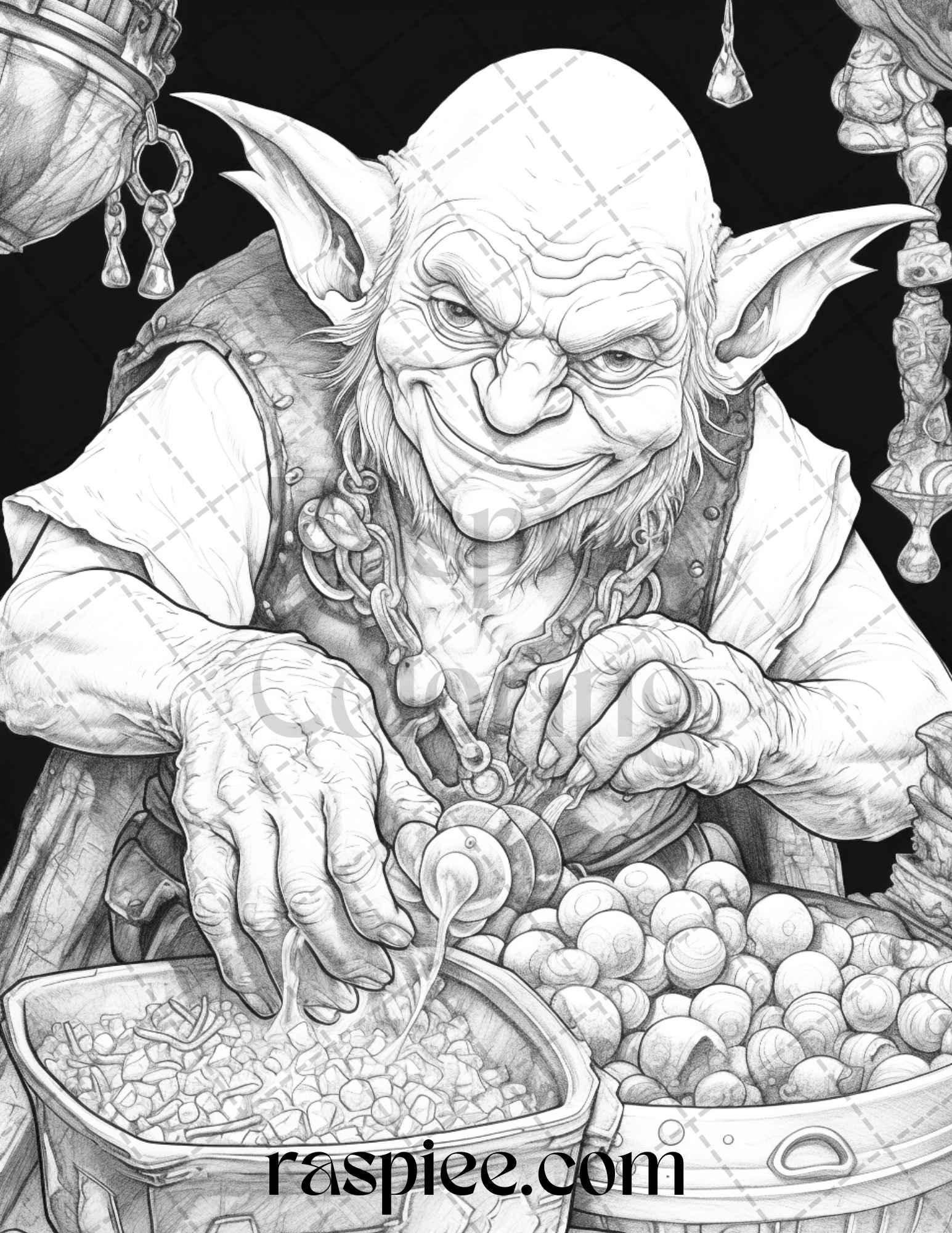 Fantasy Goblins Grayscale Coloring Pages Printable for Adults, PDF File Instant Download