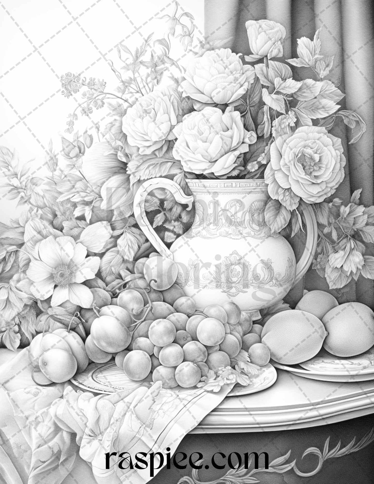 52 Still Life Grayscale Coloring Pages Printable for Adults, PDF File Instant Download