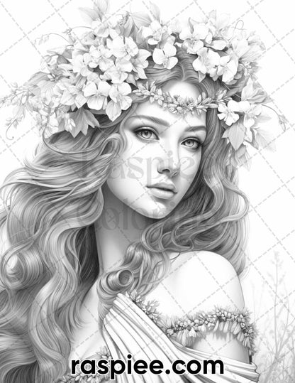52 Mythology Gods Grayscale Coloring Pages for Adults, Printable PDF Instant Download