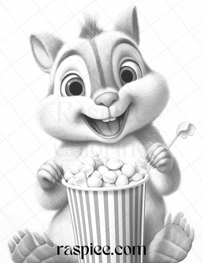 52 Adorable Squirrels Grayscale Coloring Pages Printable for Adults Kids, PDF File Instant Download