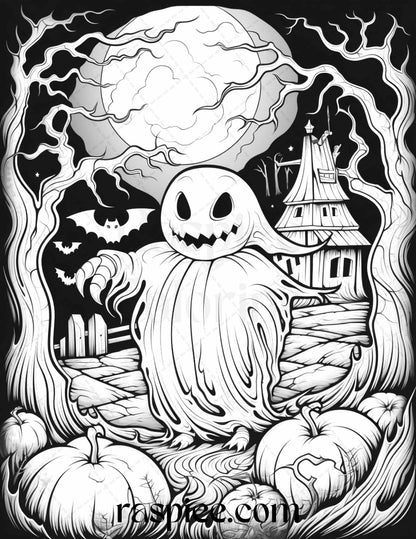 50 Halloween Cute Ghosts Grayscale Coloring Printable for Adults Kids, PDF File Instant Download