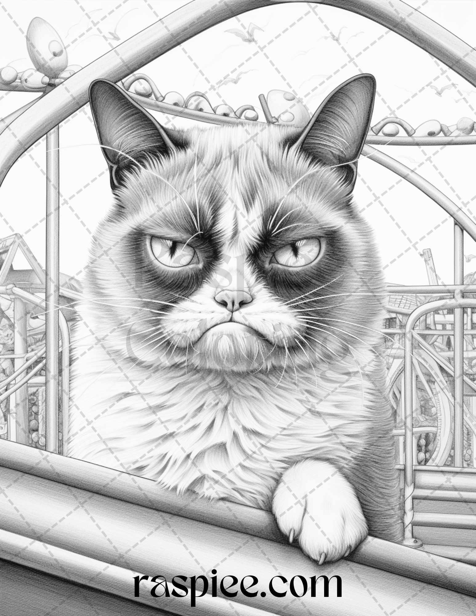 50 Grumpy Cat Grayscale Coloring Pages Printable for Adults, PDF File Instant Download