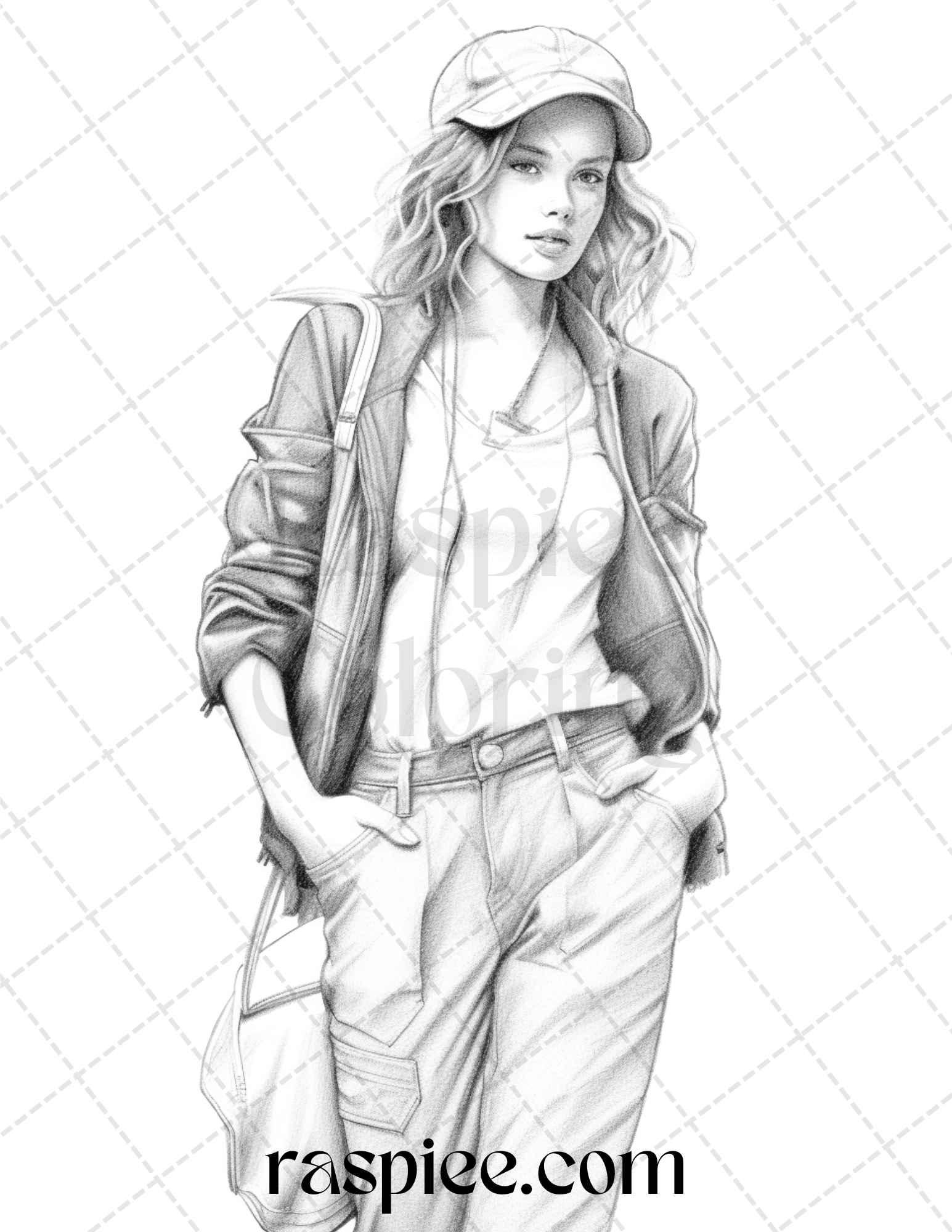 50 Streetwear Fashion Grayscale Coloring Pages Printable for Adults, PDF File Instant Download