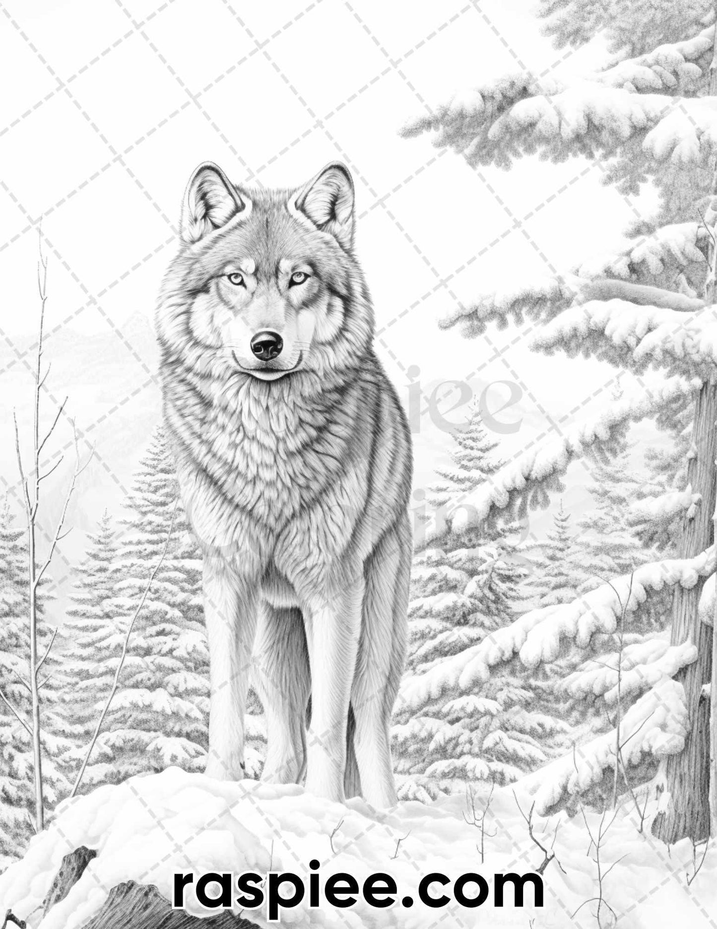 50 Winter Wolf Grayscale Coloring Pages for Adults, Printable PDF Instant Download