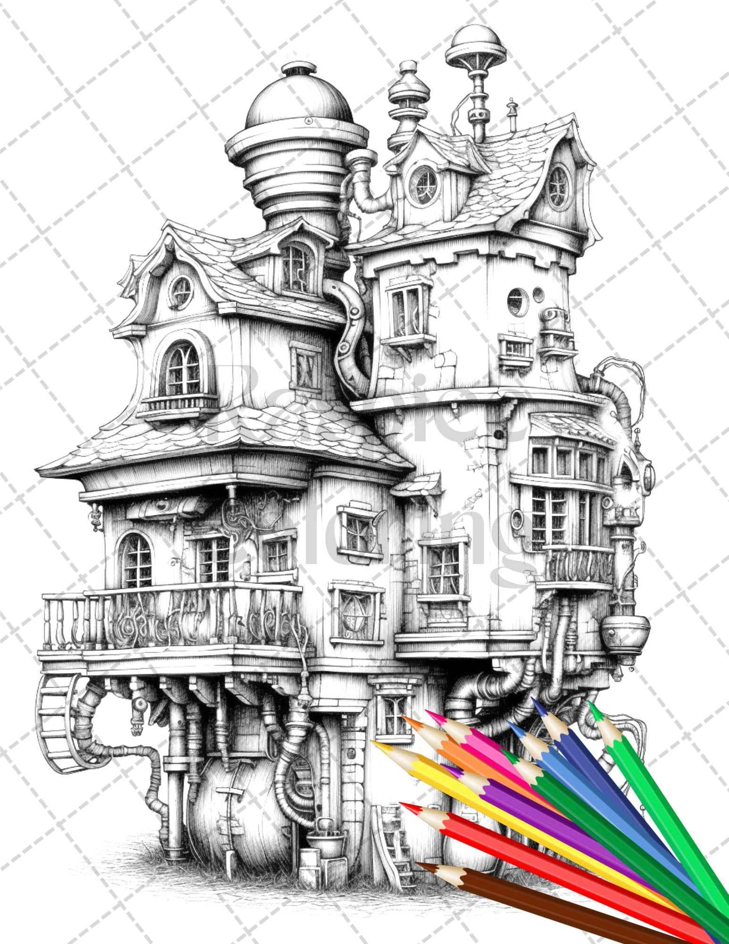 50 Steampunk Houses Grayscale Coloring Pages Printable for Adults, PDF File Instant Download