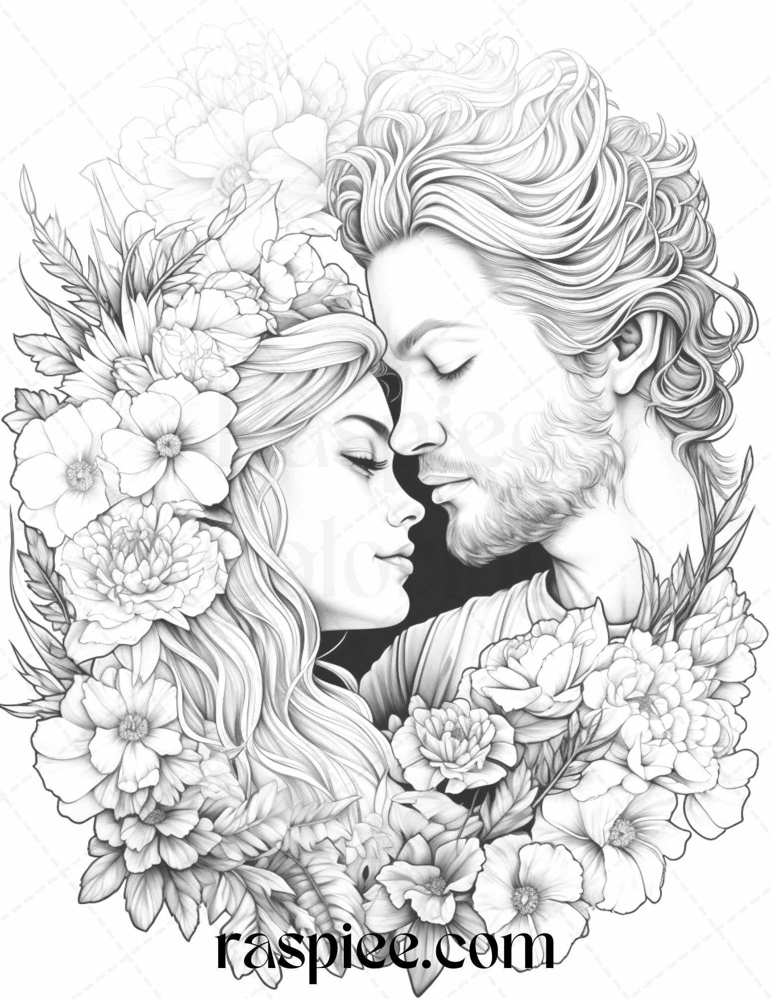 50 Romantic Couple Flowers Grayscale Coloring Pages Printable for Adults, PDF File Instant Download
