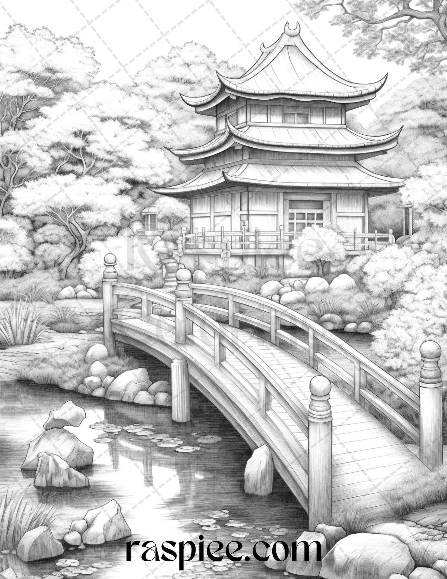 Japanese Garden Grayscale Coloring Pages Printable for Adults, PDF File Instant Download