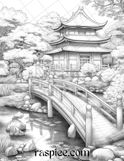 Japanese Garden Grayscale Coloring Pages Printable for Adults, PDF File Instant Download