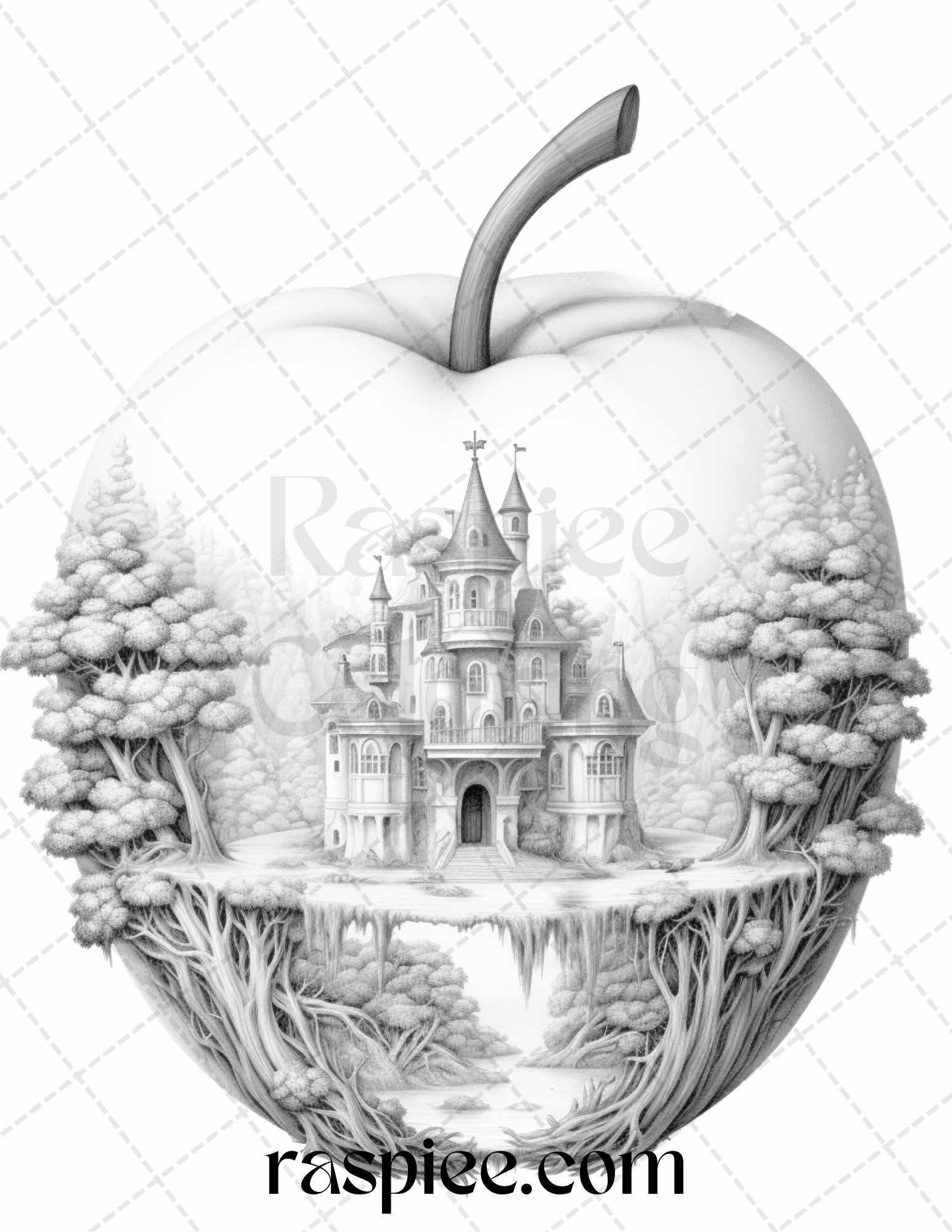 60 Miniworld in the Apple Grayscale Coloring Pages Printable for Adults, PDF File Instant Download