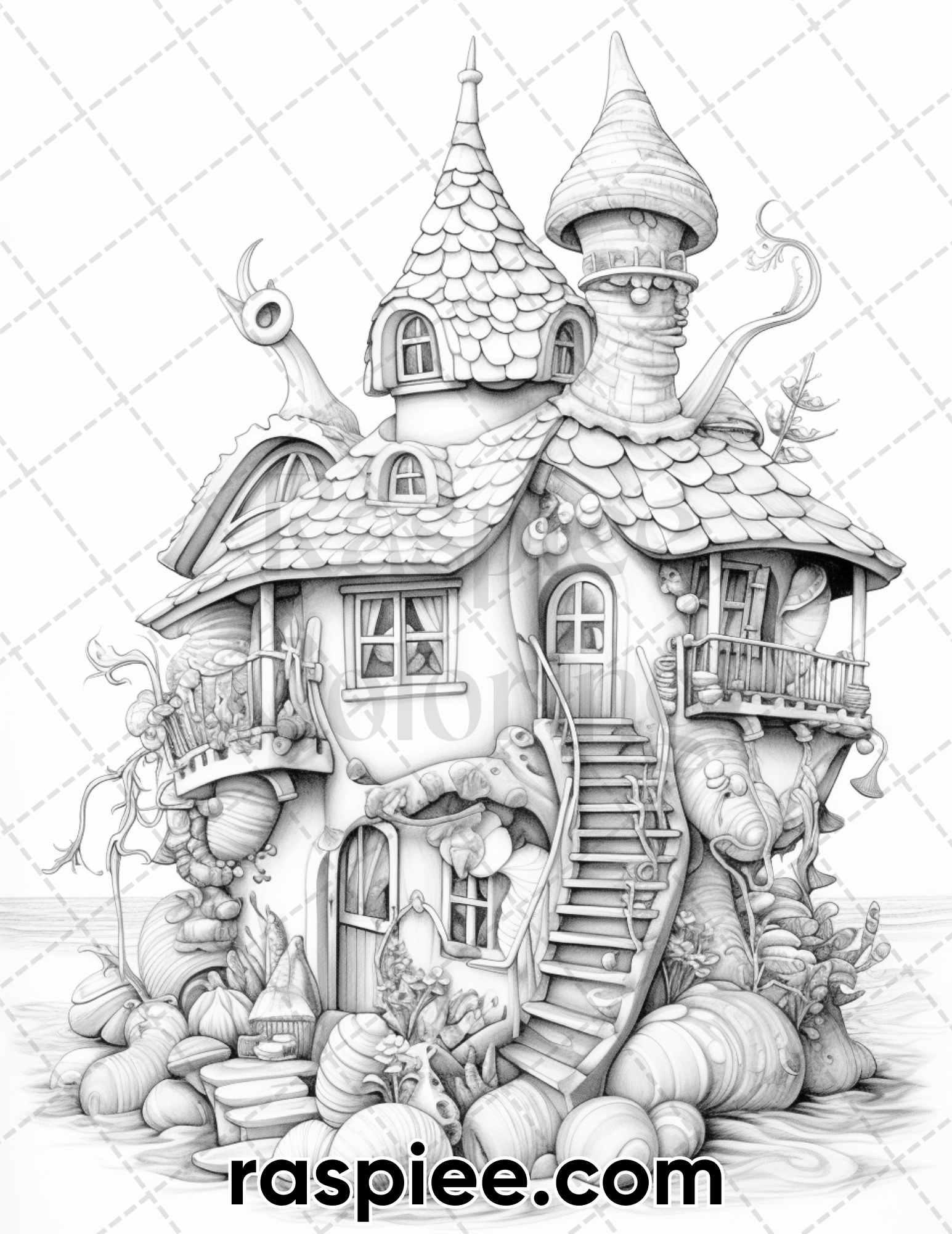 50 Seashell Houses Grayscale Adult Coloring Pages, Printable PDF Instant Download