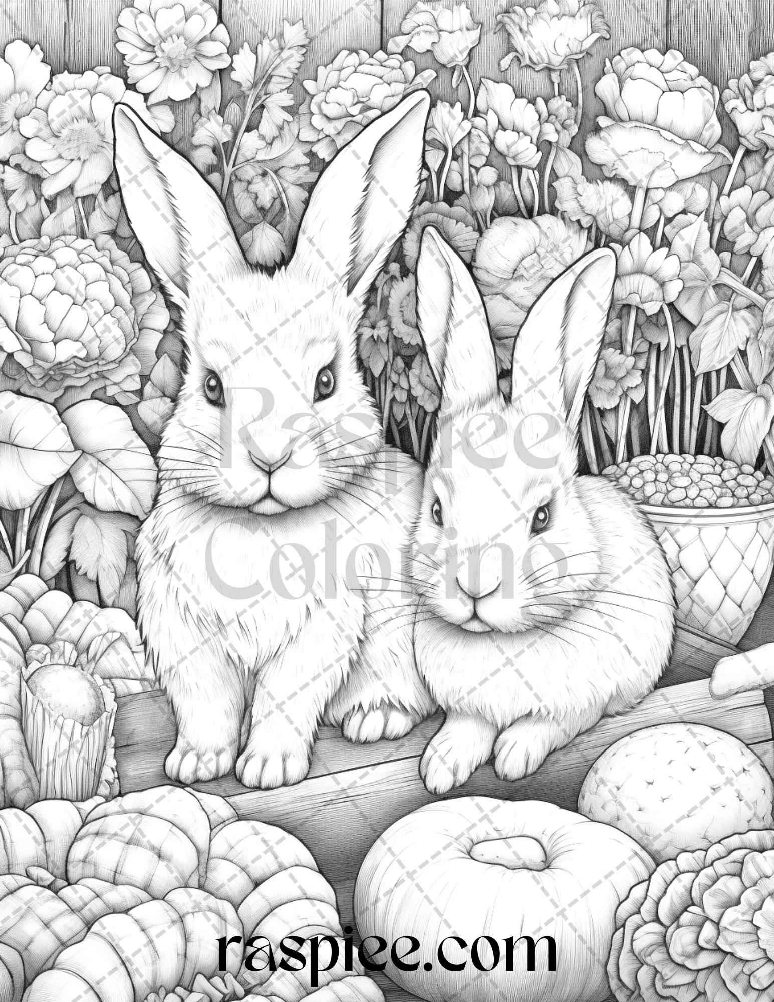 50 Rabbit Garden Grayscale Coloring Pages Printable for Adults, PDF File Instant Download