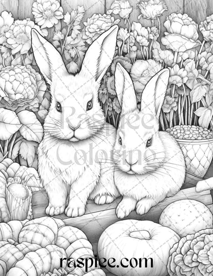 50 Rabbit Garden Grayscale Coloring Pages Printable for Adults, PDF File Instant Download