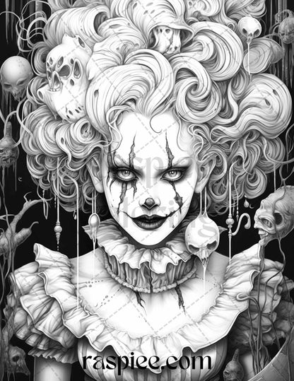 50 Scary Clown Girls Grayscale Coloring Pages Printable for Adults, PDF File Instant Download