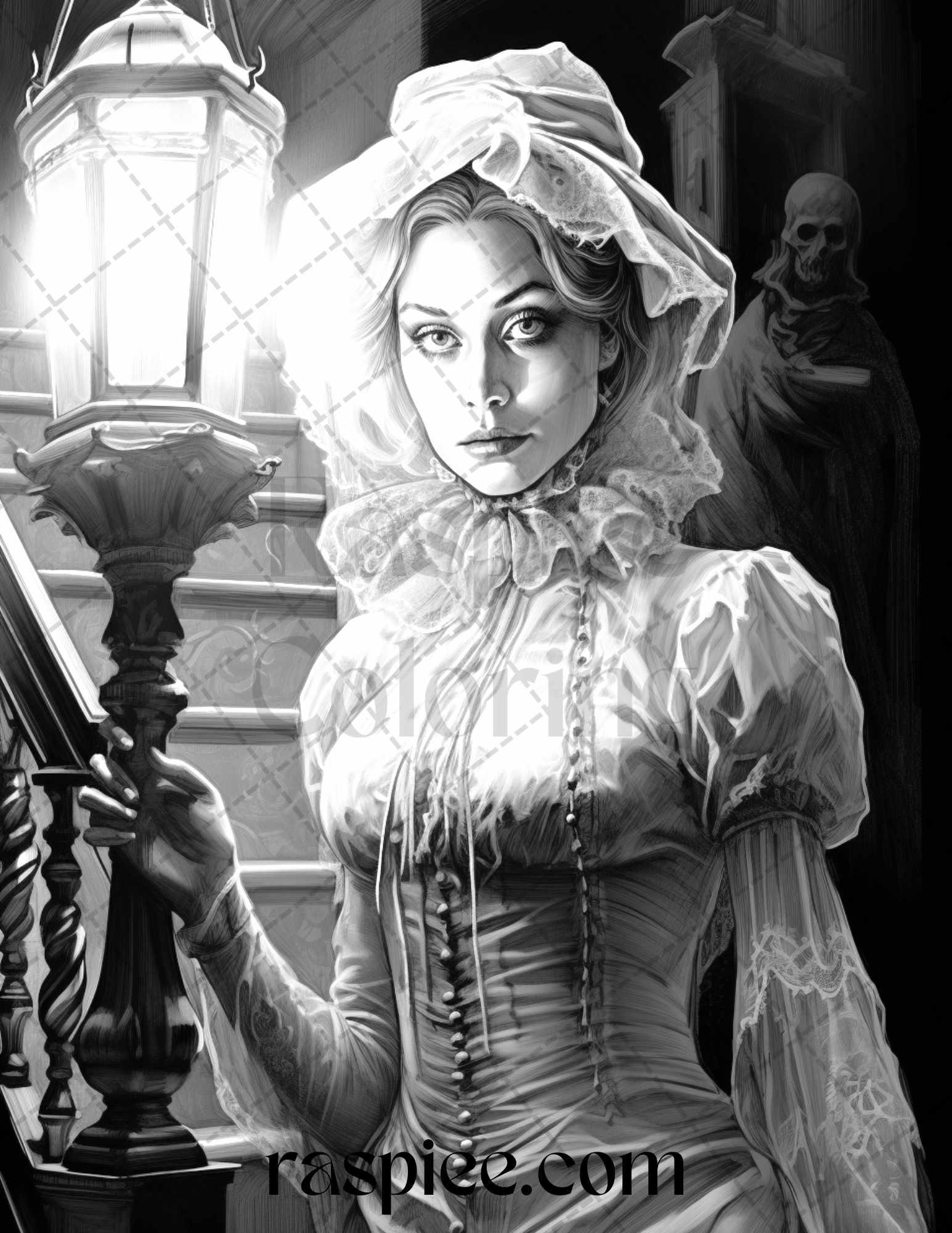 60 Halloween Victorian Era Grayscale Coloring Pages Printable for Adults, PDF File Instant Download
