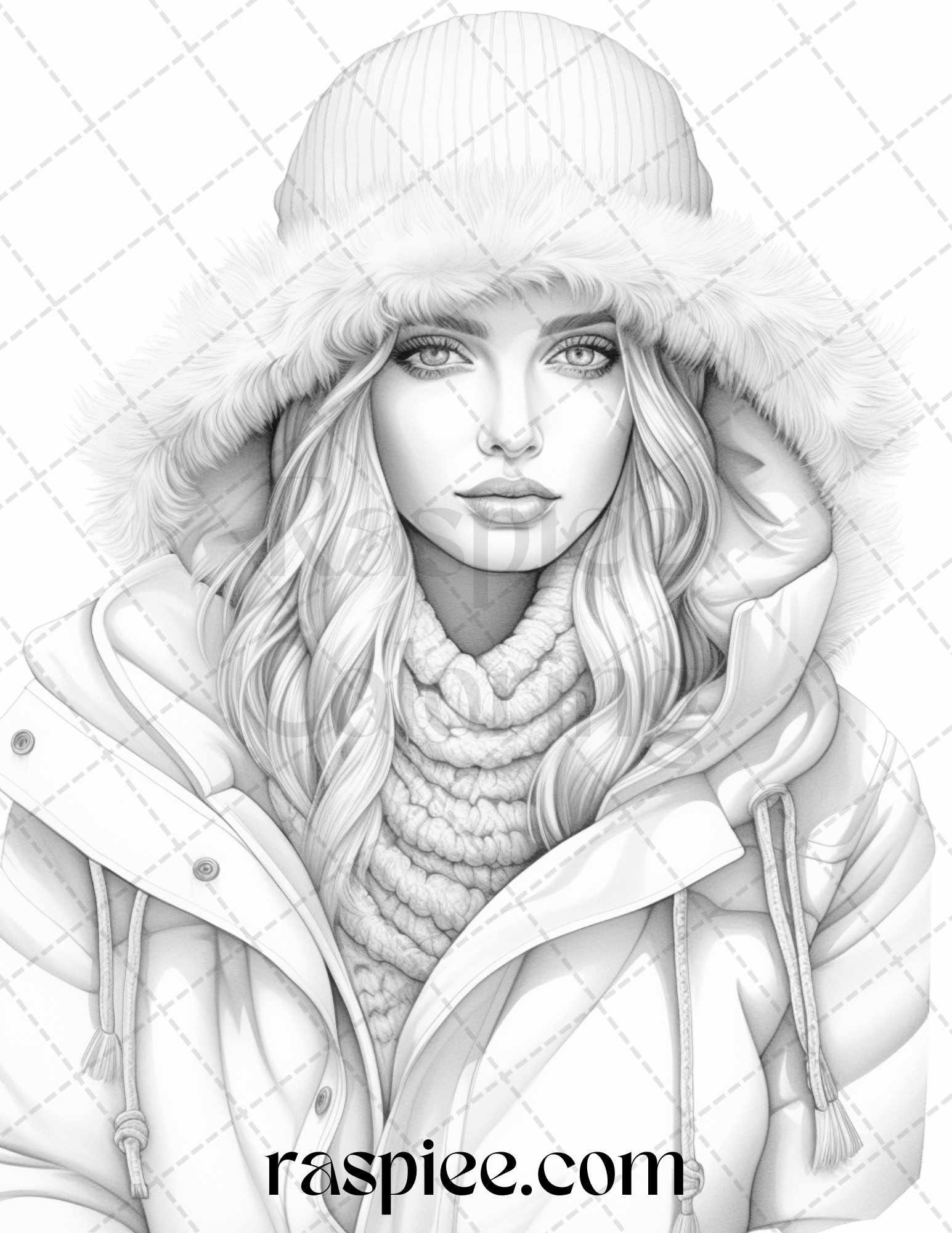 40 Winter Fashion Grayscale Coloring Pages Printable for Adults, PDF File Instant Download
