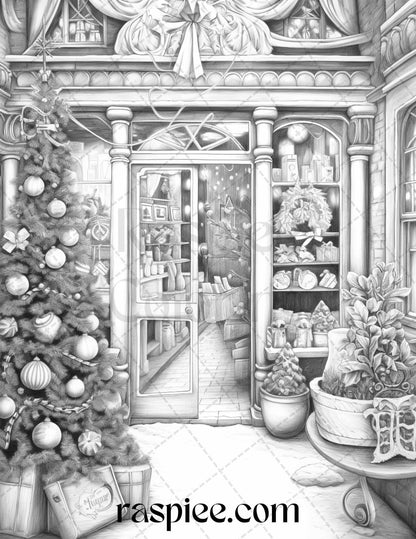 Christmas Store Front Grayscale Coloring Pages for Adults, PDF Printable Instant Download