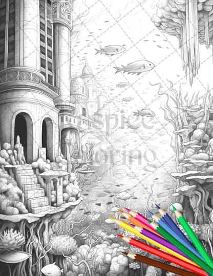 Enchanted Underwater City Grayscale Coloring Pages Printable for Adults, PDF File Instant Download